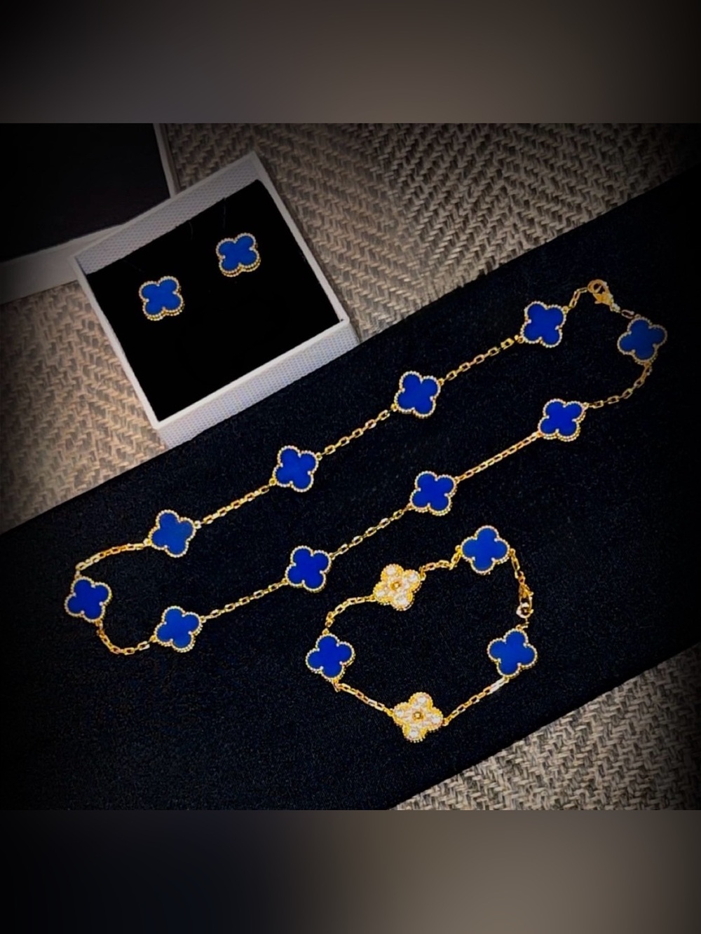 Van Cleef & Arpels Gold and Blue Agate Vintage Alhambra Set ***NEW***
